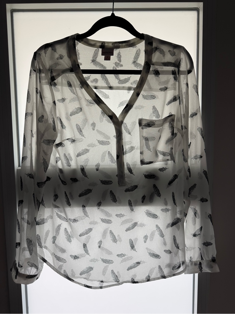 MICHAEL Michael Kors Sheer White Long-Sleeve Blouse with Black Feather Print